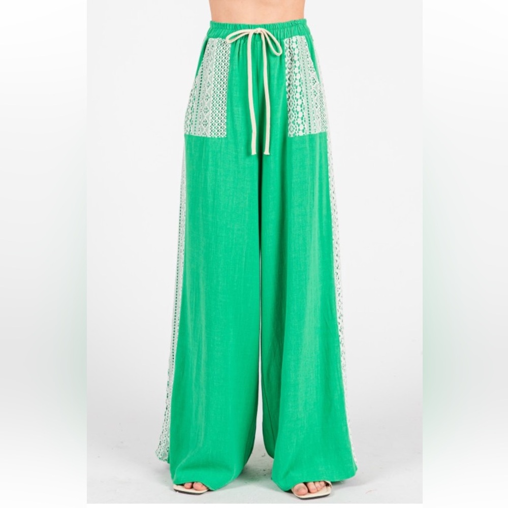 Green Lace-Trimmed Wide-Leg Pants